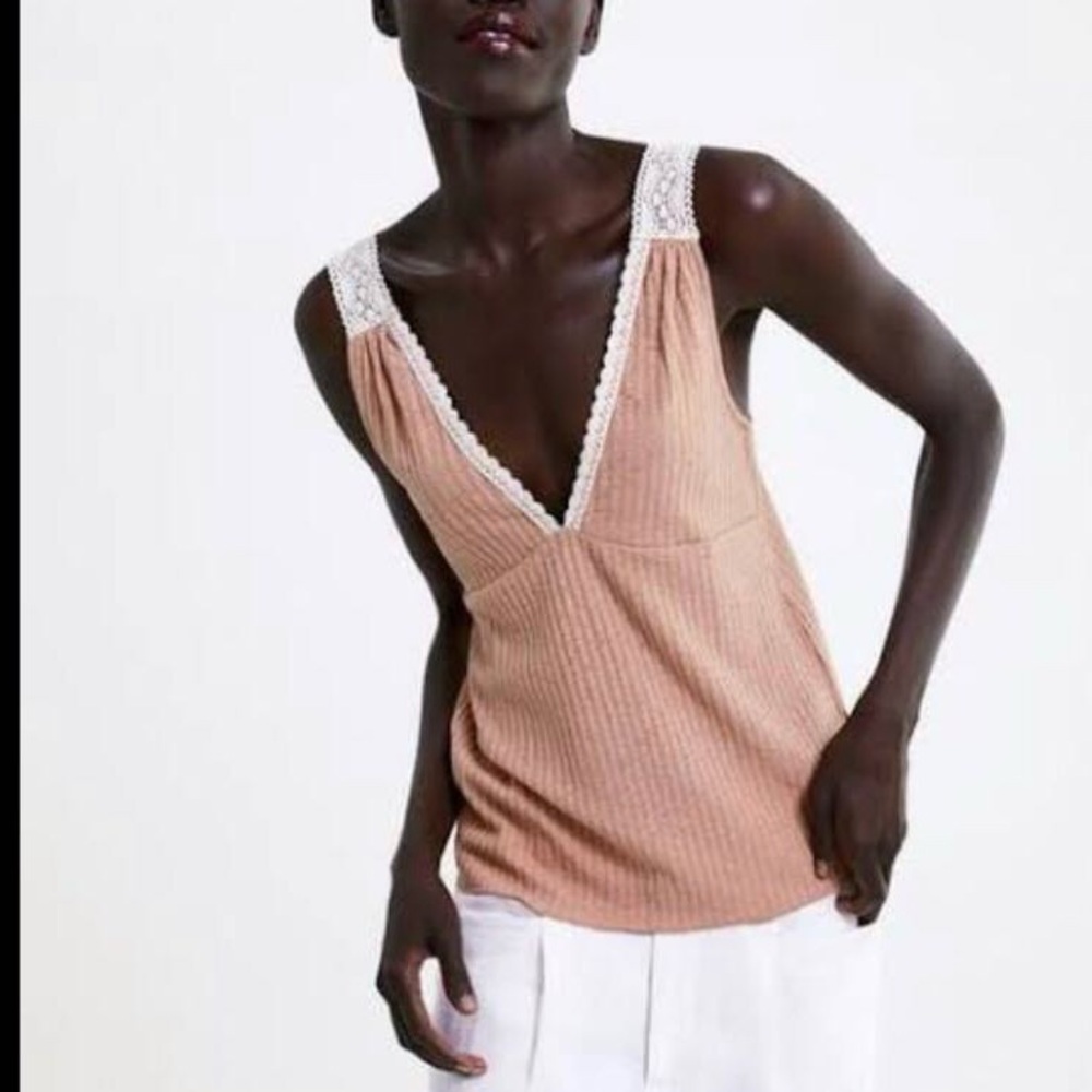Zara Rustic Crochet Detail Ribbed Tank Top Size M
